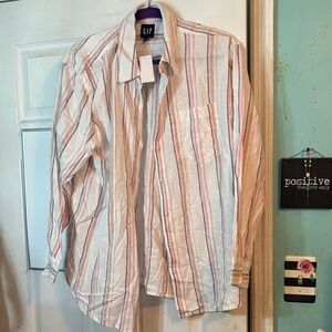 GAP Women’s White Button-Down Shirt with Pink and Grey Stripes Size Large